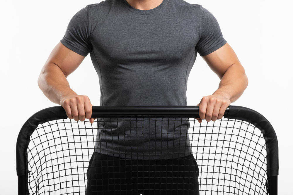 image of a man holding a soccer net rebounder only showing hand and torso and partial image of the net rebounder being held 
